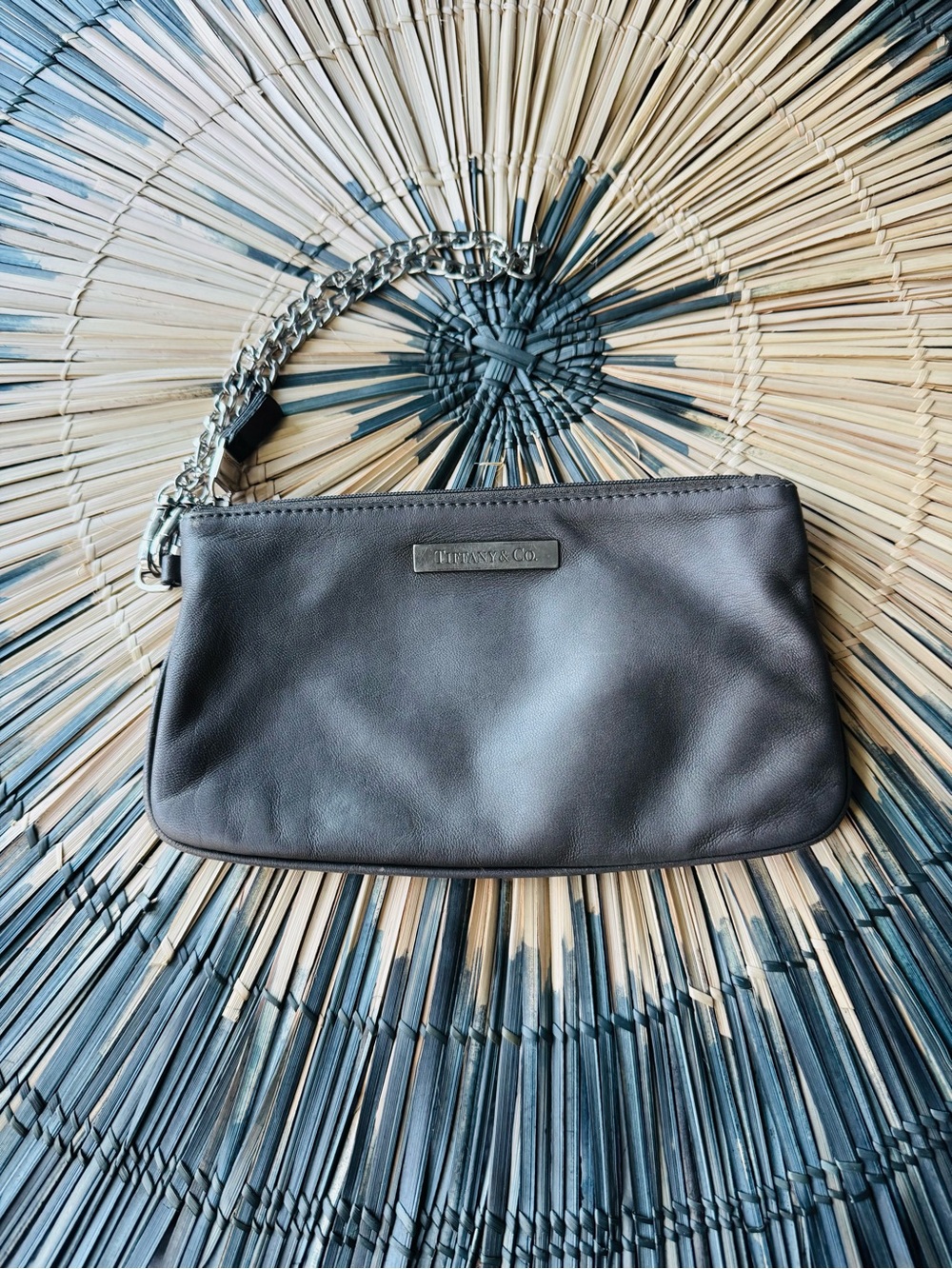 Authentic Tiffany & Co. Charcoal Grey Leather Chain Wristlet Clutch Pouch. Brand